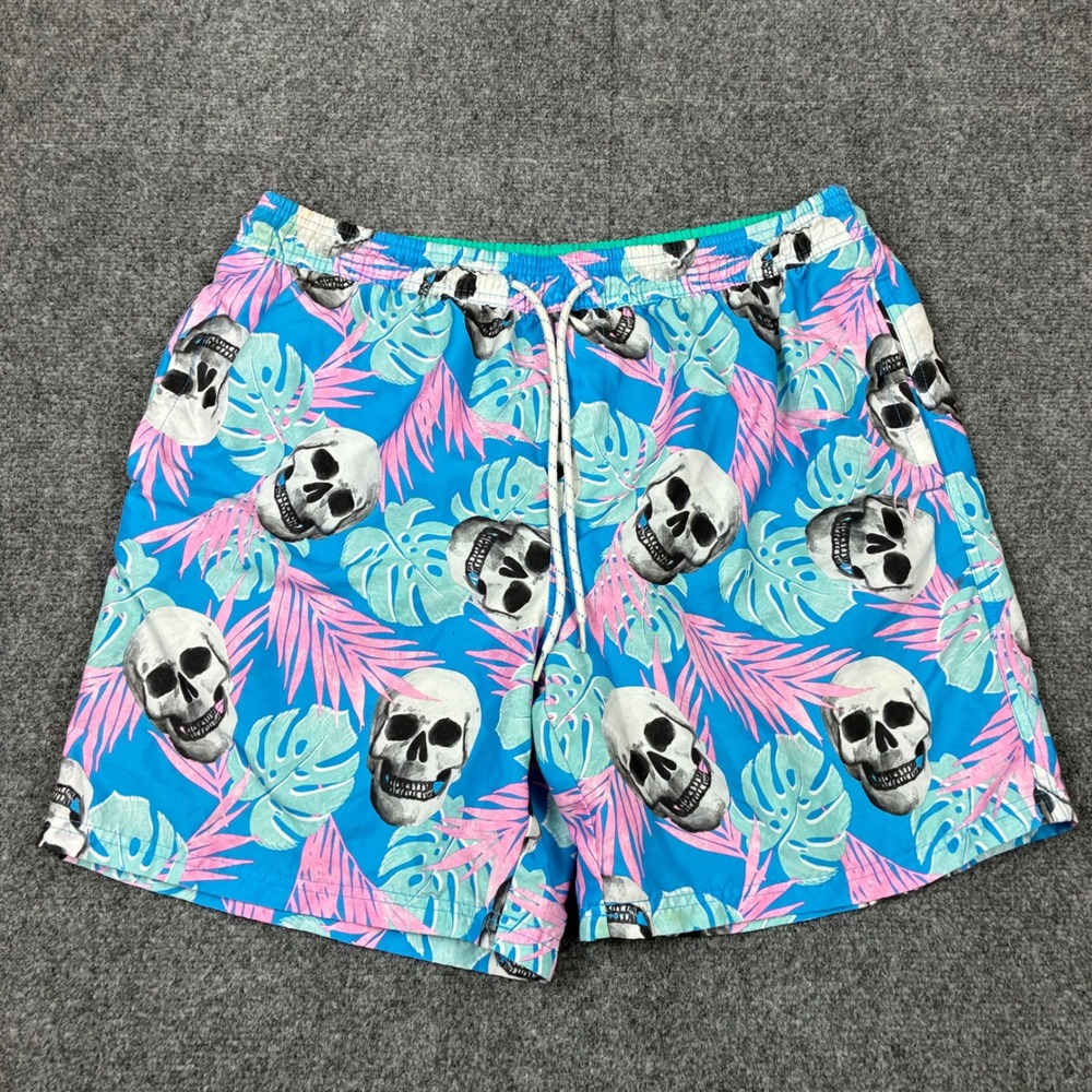 Mens Size Large Blue All Over Print Skull Tropical Palm Print Swim Trunks Shorts